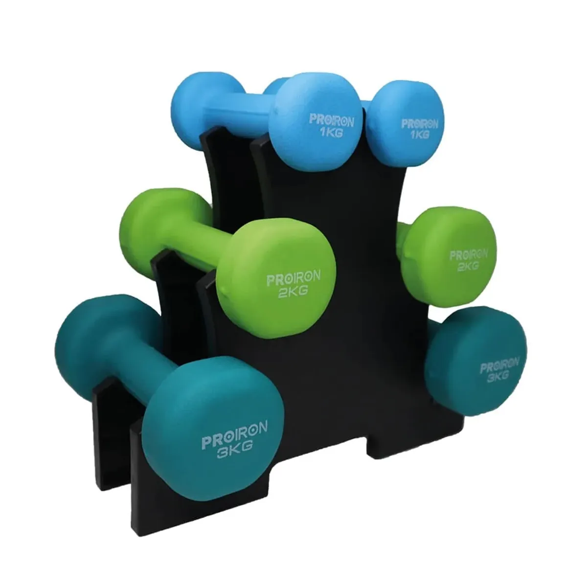 SET DE MANCUERNAS DE NEOPRENO DE 1KG 2KG Y 3KG CELESTE+ RACK - 1