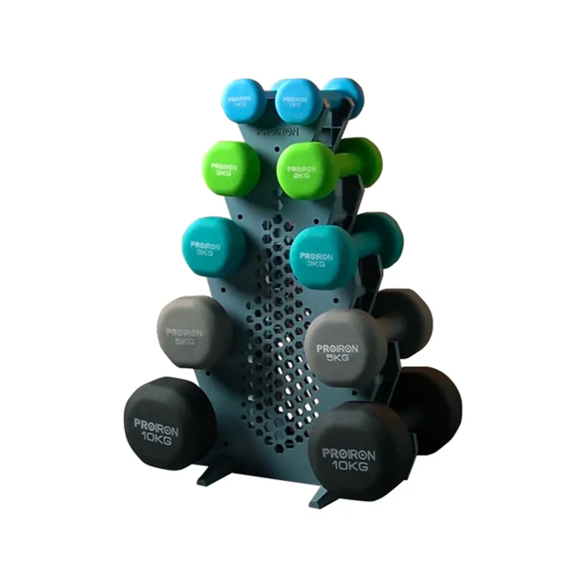 SET DE MANCUERNAS DE NEOPRENO DE 1KG CELESTE, 2KG, 3KG, 5KG Y 10KG + RACK 5 NIVELES - 1