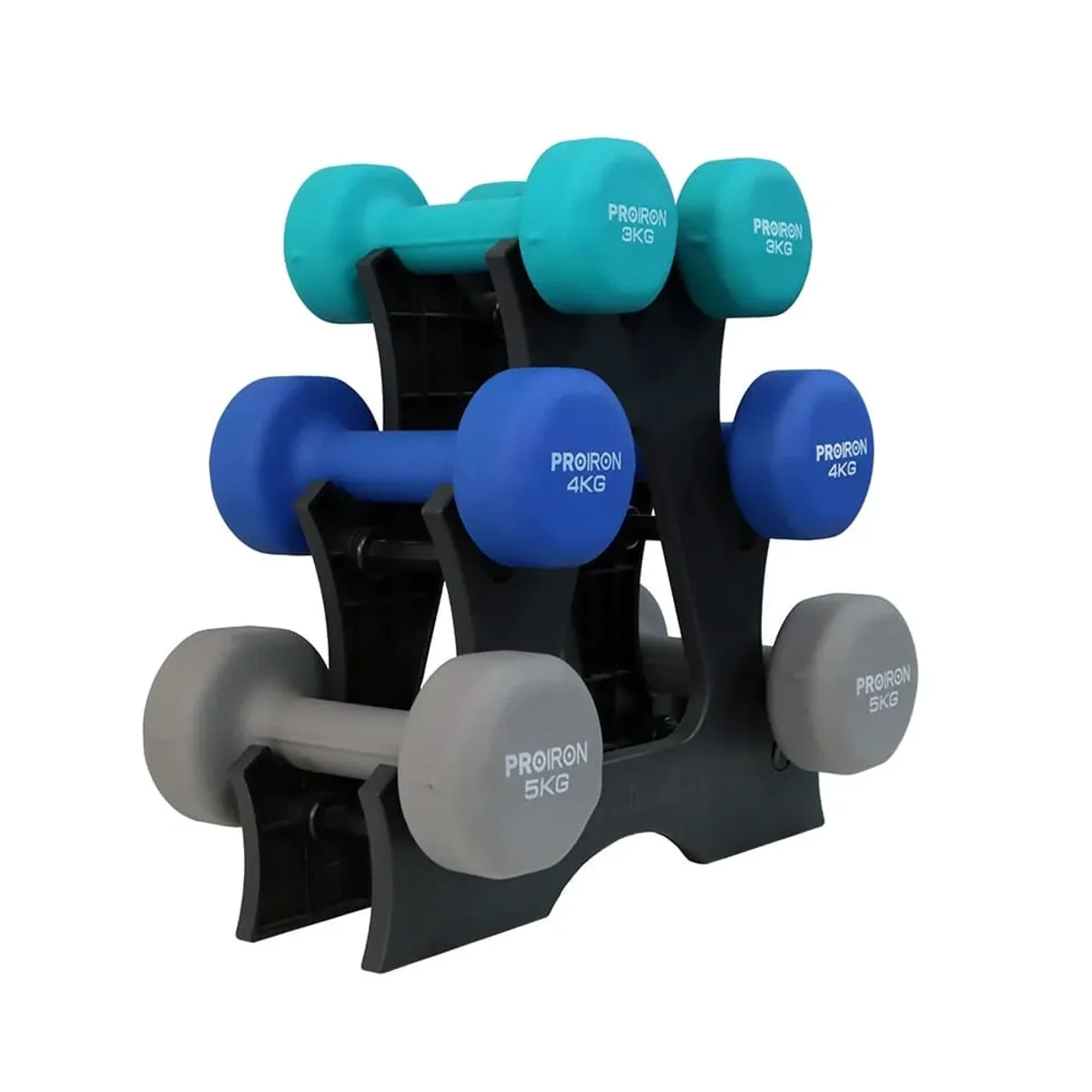 SET DE MANCUERNAS DE NEOPRENO DE 3KG 4KG Y 5KG + RACK - 1