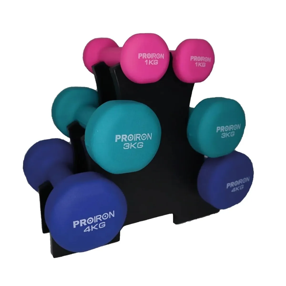 SET DE MANCUERNAS DE NEOPRENO DE 1KG ROSADO 3KG Y 4KG + RACK - 1