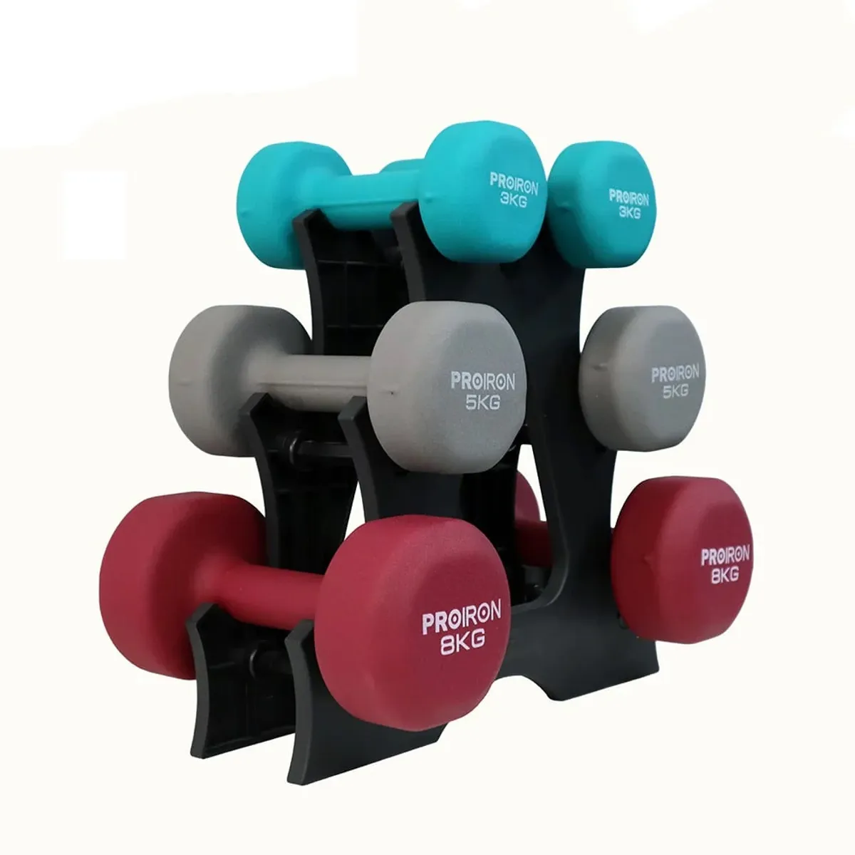 SET DE MANCUERNAS DE NEOPRENO DE 3KG 5KG Y 8KG + RACK - 1