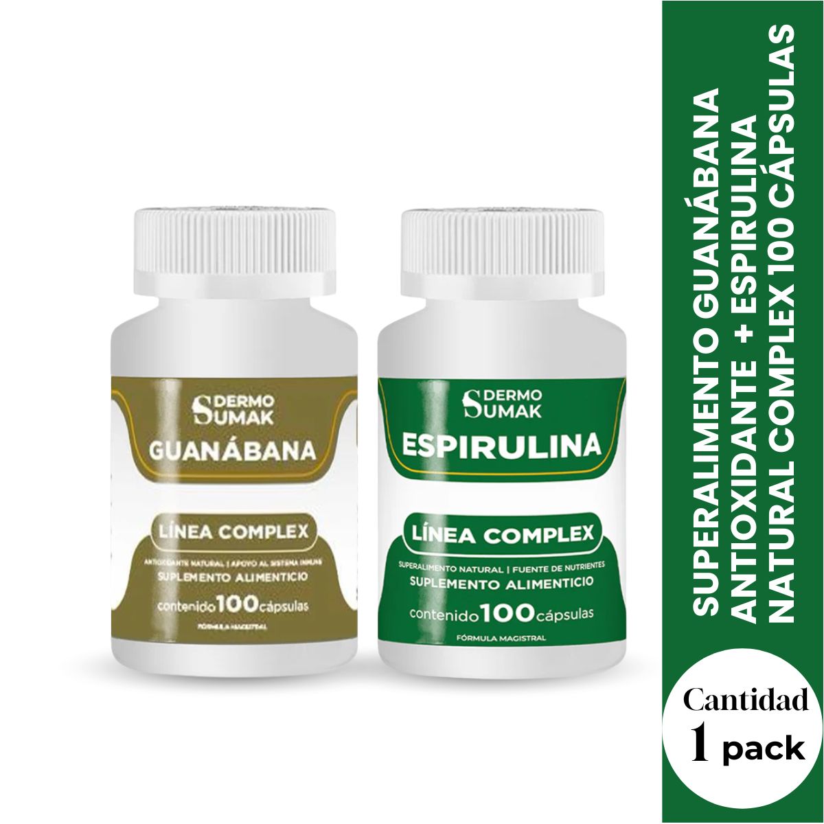 SUPLEMENTO GUANÁBANA ANTIOXIDANTE NATURAL + ESPIRULINA SUPERALIMENTO NATURAL COMPLEX 100 CÁPSULAS - 1