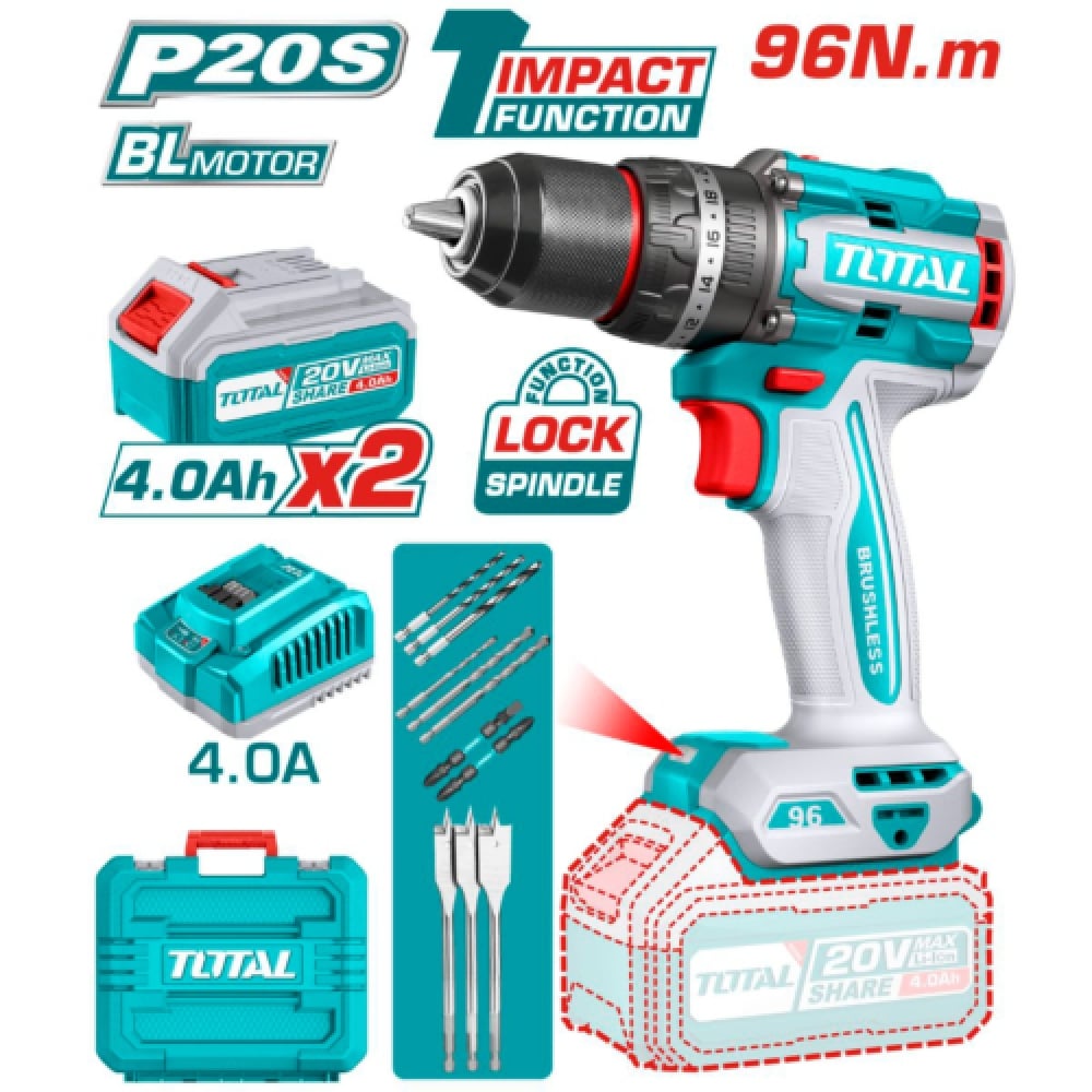 TALADRO PERCUTOR LI-ION 20V 96NM 13MM 2×4.0AH BRUSHLESS - TIDLI20968 - 1