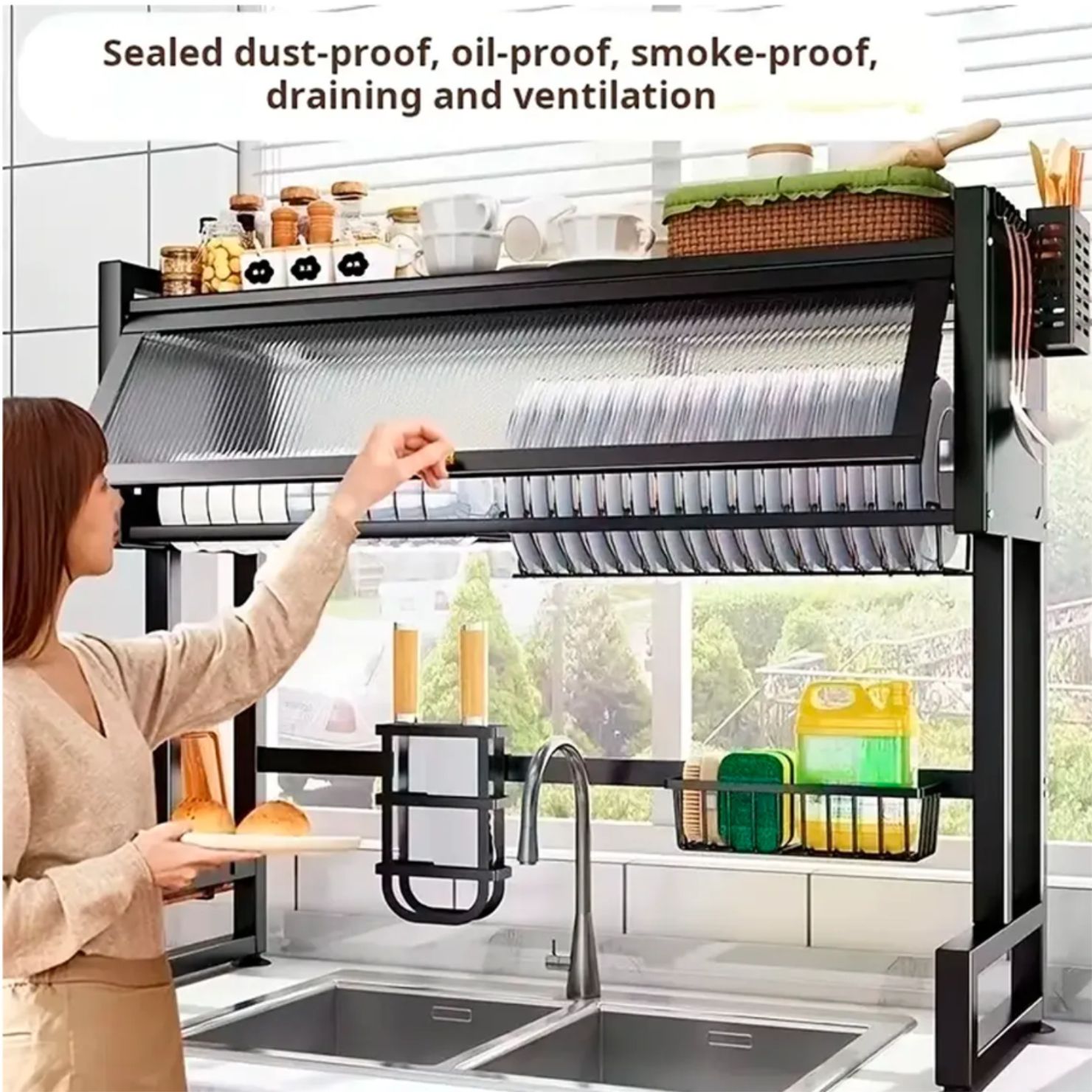 ESCURRIDOR DE PLATOS 85 CM NEGRO CON TAPA DOS NIVELES - 1
