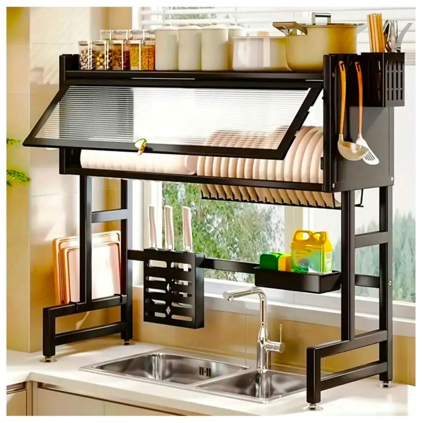 ESCURRIDOR DE PLATOS 85 CM NEGRO CON TAPA DOS NIVELES - 4