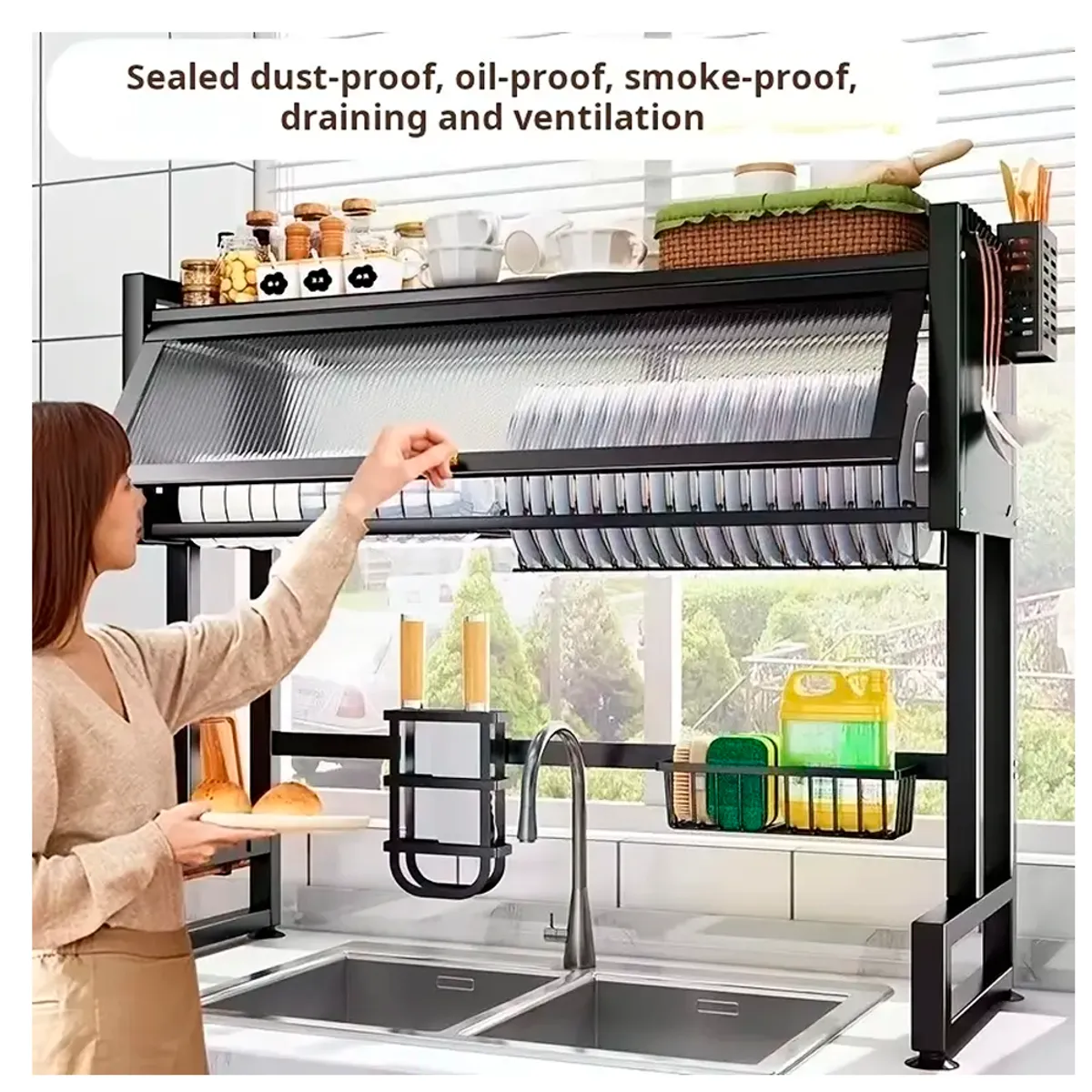 ESCURRIDOR DE PLATOS 85 CM NEGRO CON TAPA DOS NIVELES - 6