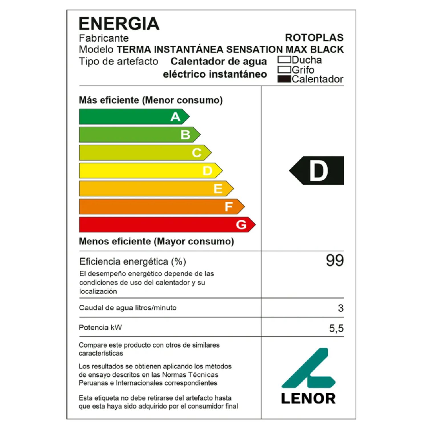 RAPIDUCHA ROTOPLAS SENSATION MAX BLACK 5500W AGUA CALIENTE INSTANTANEA - 5