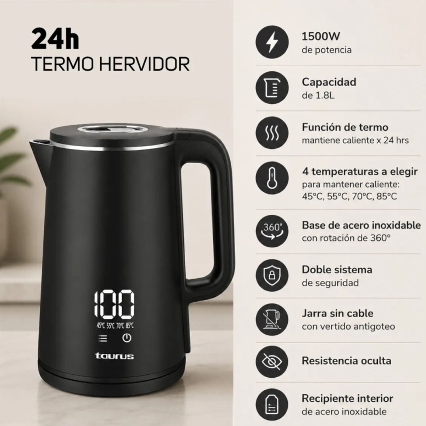 HERVIDOR TAURUS ELÉCTRICO DIGITAL 1.8 LITROS MODELO PE9580790A NEGRO - 2