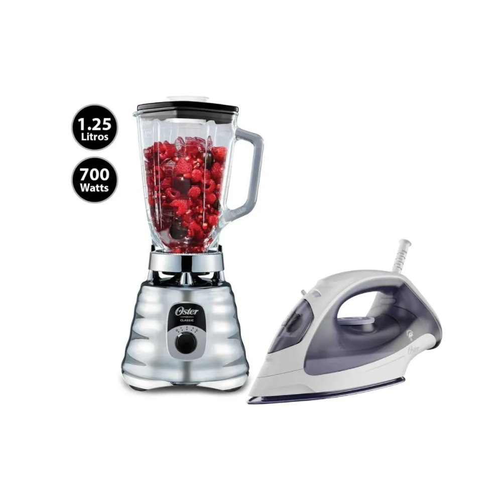COMBO OSTER: LICUADORA CON PERILLA BLST4655 053 CROMADO + PLANCHA DE VAPOR LIGERA GCSTBS3802 - 1