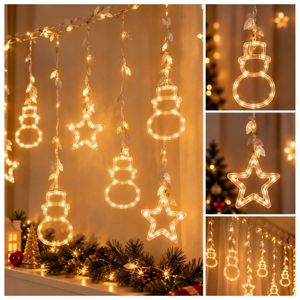 LUCES LED NAVIDEÑAS CORTINA 3 METROS – 4 HOMBRES DE NIEVE + 4 ESTRELLAS - 2