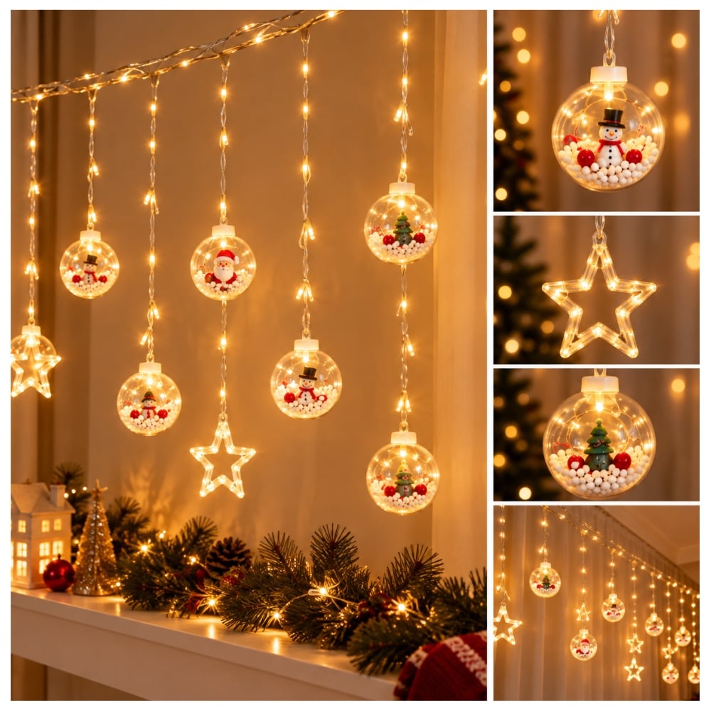 LUCES LED NAVIDEÑAS CORTINA 3 METROS – 5 BOLAS CON CONTENIDO NAVIDEÑO + 5 ESTRELLAS - 2