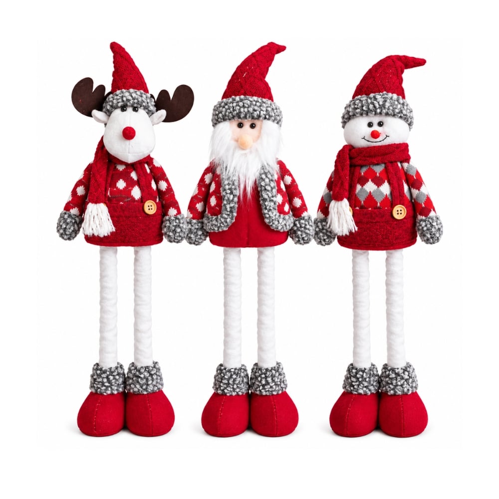 PACK X3 MUÑECOS NAVIDEÑOS PATILARGOS 30-50 CM – PAPÁ NOEL, RENO Y HOMBRE DE NIEVE ROJO CLASICO - 1