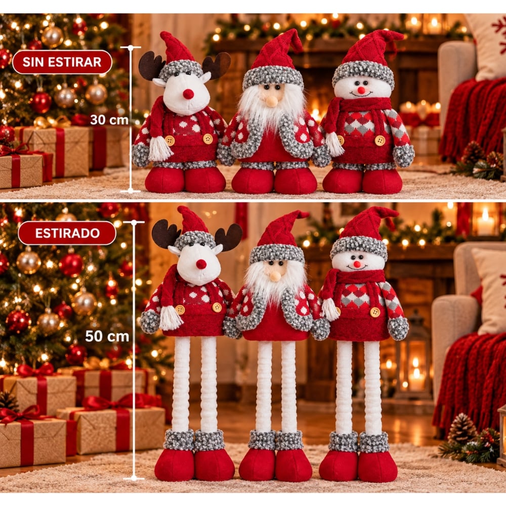 PACK X3 MUÑECOS NAVIDEÑOS PATILARGOS 30-50 CM – PAPÁ NOEL, RENO Y HOMBRE DE NIEVE ROJO CLASICO - 2