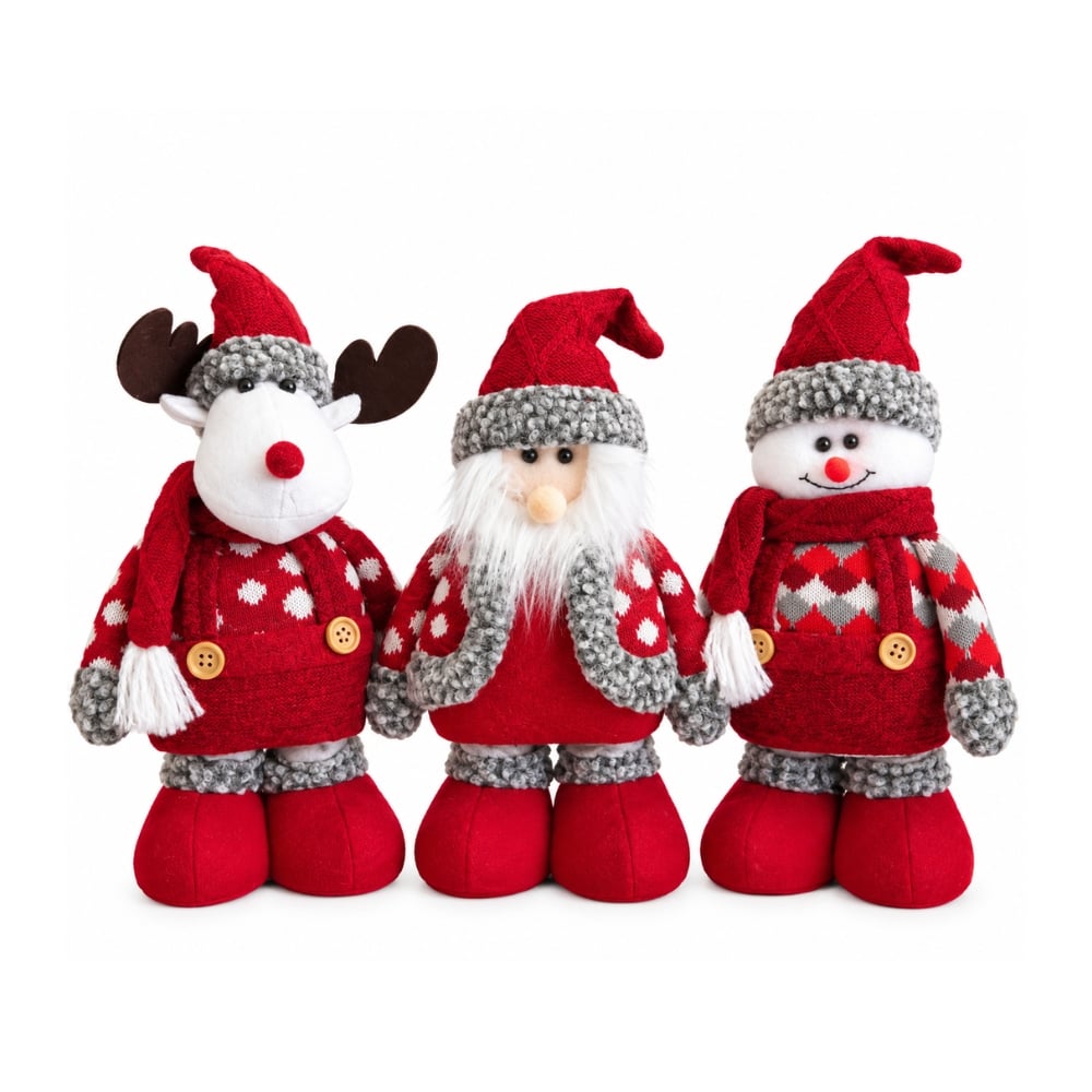PACK X3 MUÑECOS NAVIDEÑOS PATILARGOS 30-50 CM – PAPÁ NOEL, RENO Y HOMBRE DE NIEVE ROJO CLASICO - 3