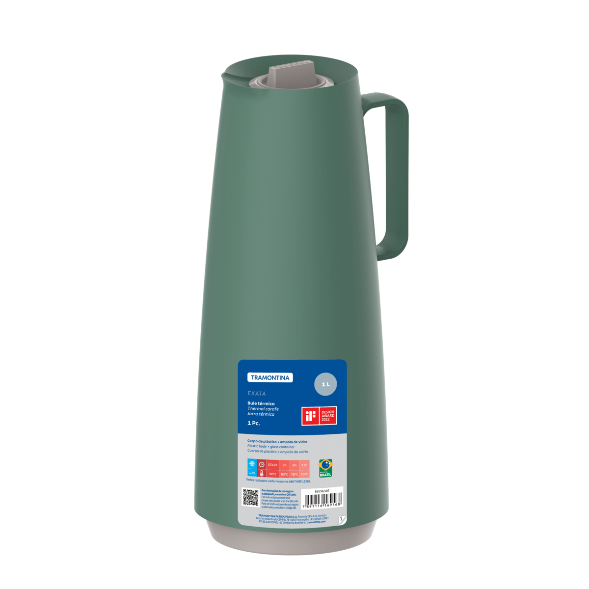 JARRA TÉRMICA TRAMONTINA EXATA EN PLÁSTICO VERDE CON AMPOLLA DE VIDRIO 1 L - 1