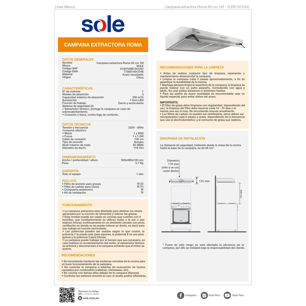 CAMPANA EXTRACTORA ROMA SOLE ACERO INOXIDABLE 60CM TURE15C0V2 - 4