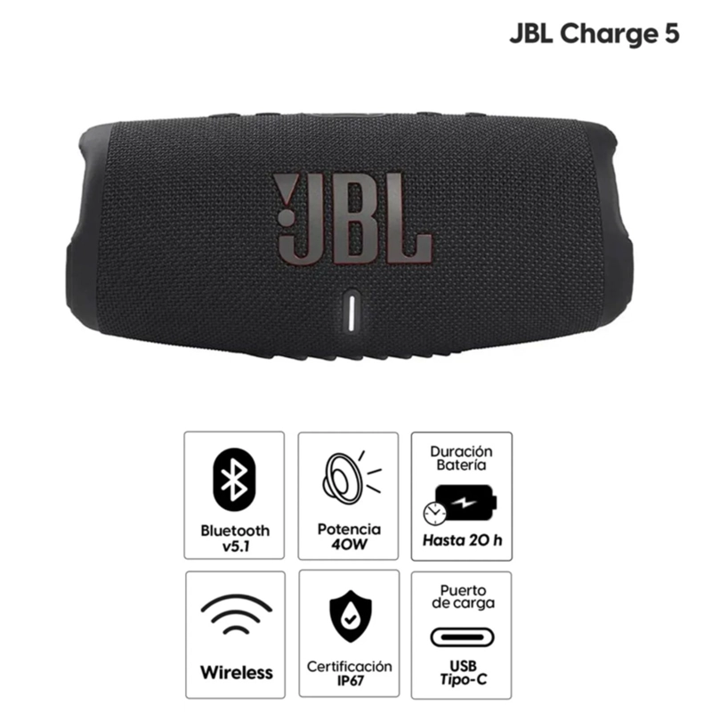 PARLANTE JBL CHARGE 5 BLUETOOTH NEGRO - 2