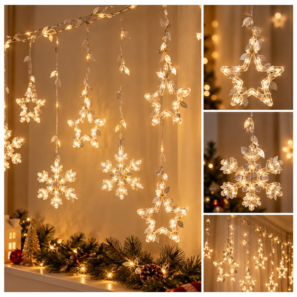 LUCES LED NAVIDEÑAS CORTINA 3 METROS – 4 COPOS DE NIEVE + 4 ESTRELLAS - 2