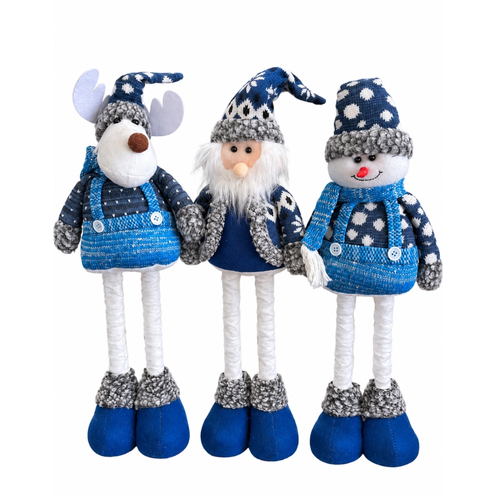 PACK X3 MUÑECOS NAVIDEÑOS PATILARGOS 30-50 CM – PAPÁ NOEL, RENO Y HOMBRE DE NIEVE AZUL MODERNO - 1