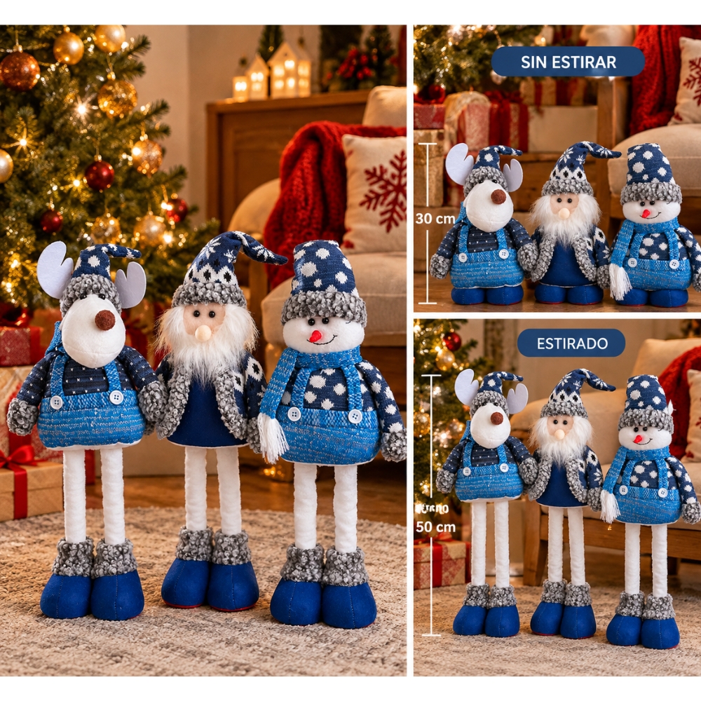 PACK X3 MUÑECOS NAVIDEÑOS PATILARGOS 30-50 CM – PAPÁ NOEL, RENO Y HOMBRE DE NIEVE AZUL MODERNO - 2