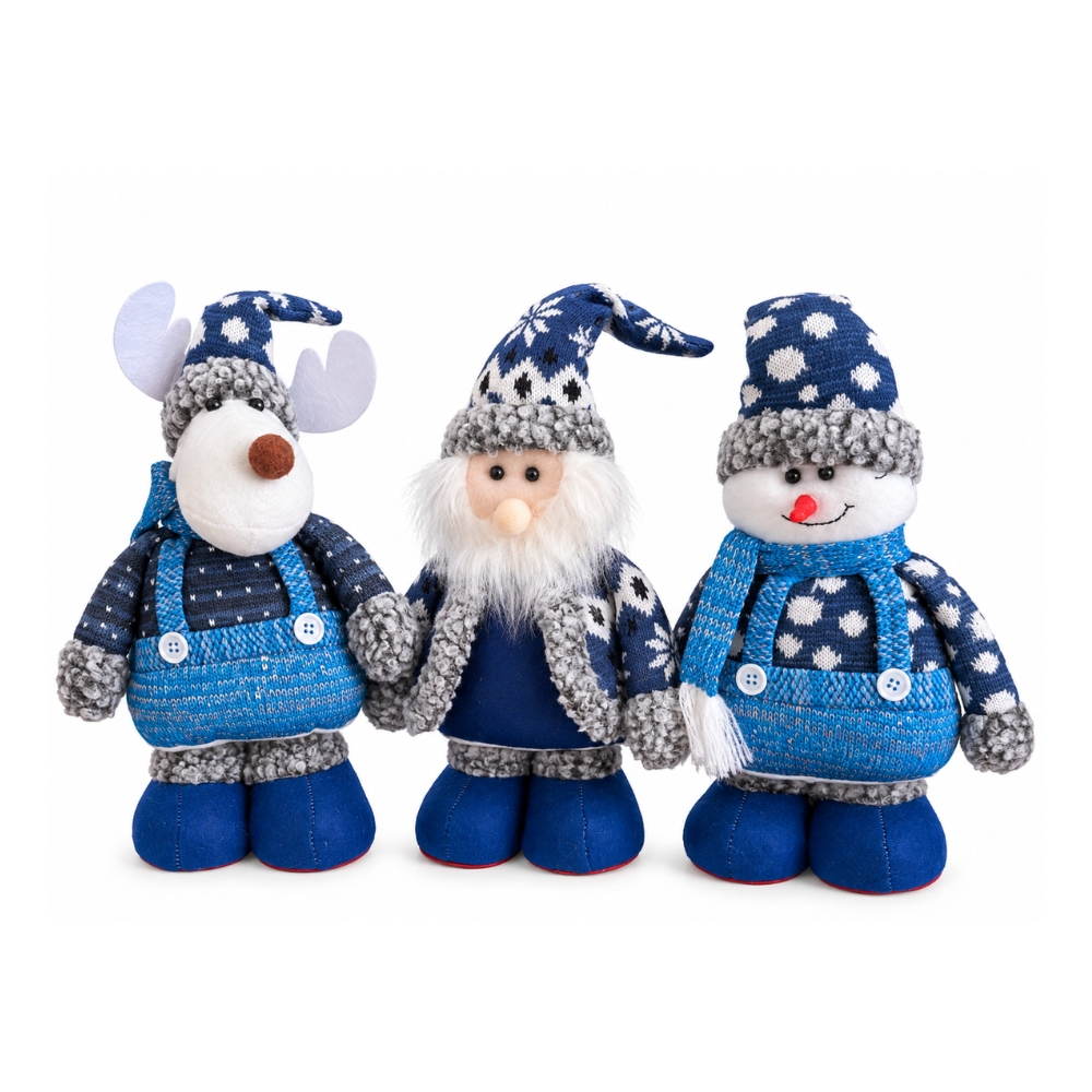 PACK X3 MUÑECOS NAVIDEÑOS PATILARGOS 30-50 CM – PAPÁ NOEL, RENO Y HOMBRE DE NIEVE AZUL MODERNO - 3