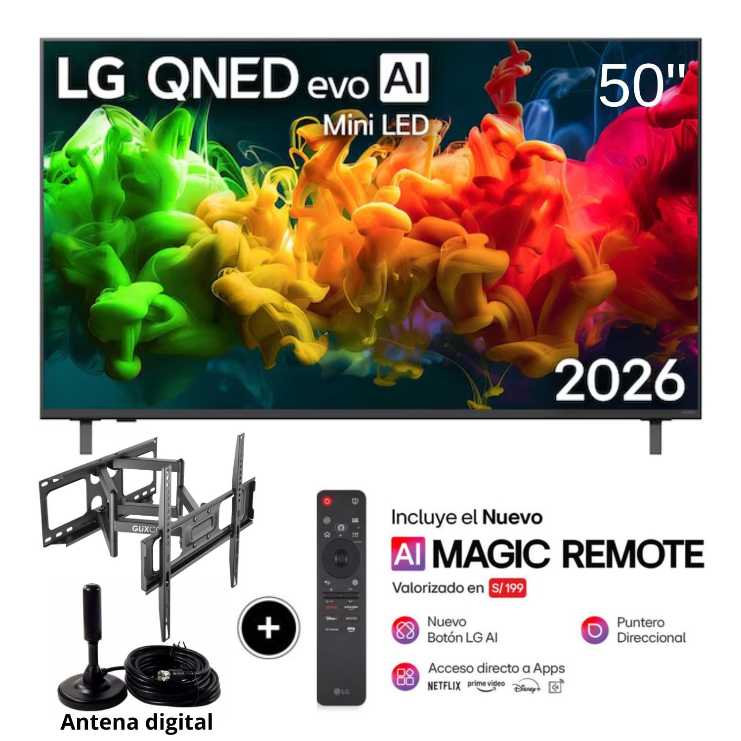 TELEVISOR LG 50 AI QNED EVO MINI LED 4K SMART TV 50QNED80BSG + RACK GIRATORIO - 1