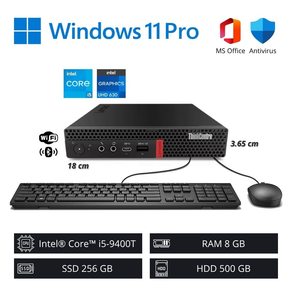 COMPUTADORA PC LENOVO THINKCENTRE - INTEL CORE I5-9400T 8GB RAM 256GB SSD 500GB HDD WIFI+BT - 1