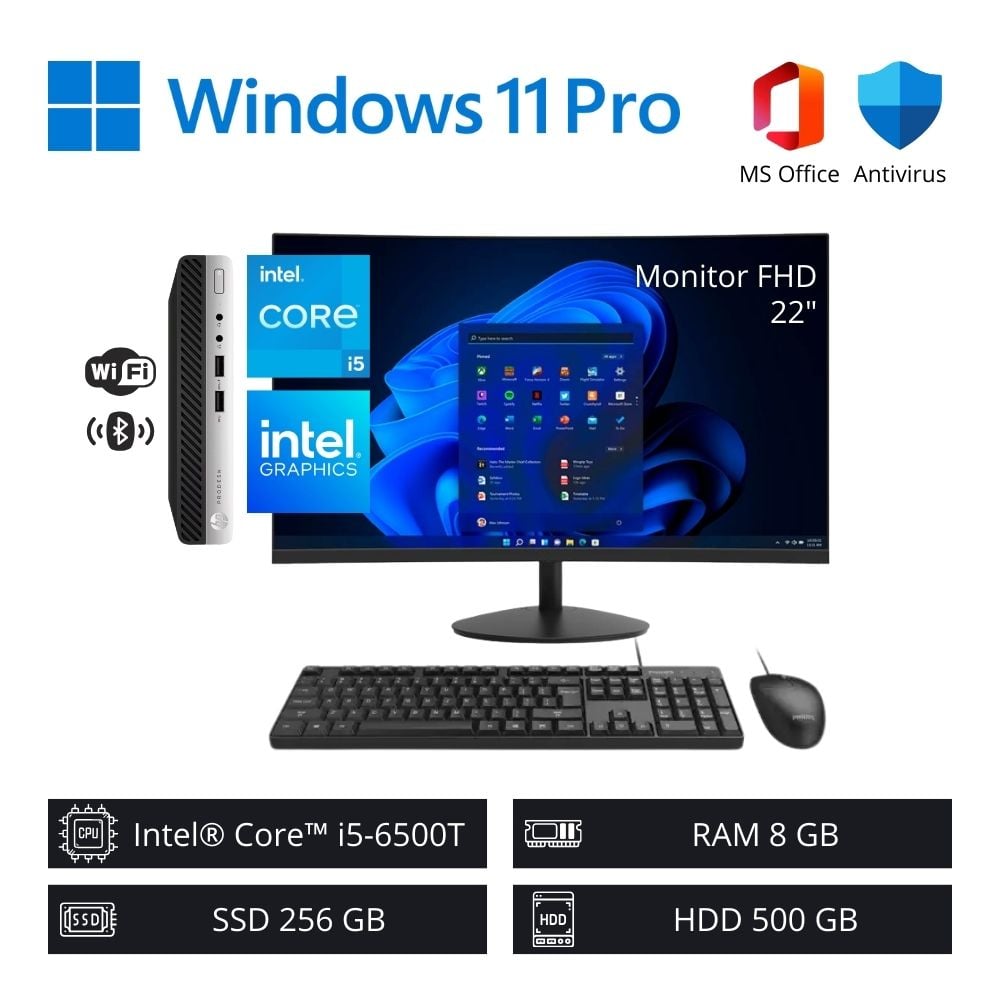 Computadora PC HP Intel Core i5-6500T 8GB RAM 256GB SSD 500GB HDD + Monitor 22” FHD WiFi +BT - 1