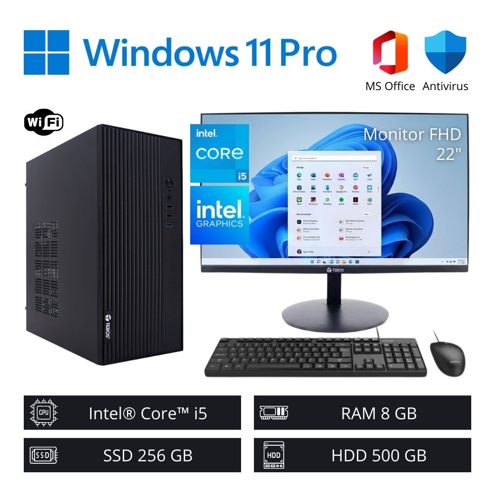 COMPUTADORA PC INTEL CORE I5 3,60 GHZ 8GB RAM 256GB SSD 500GB HDD + MONITOR 22' FHD WIFI - 1