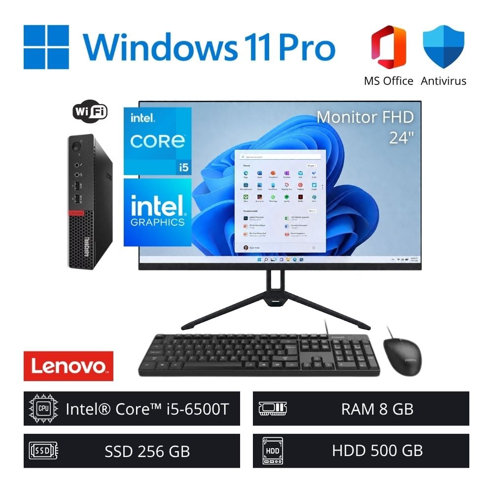 Computadora PC Lenovo Intel Core i5-6500T 8GB RAM 256GB SSD 500GB HDD Refurbished + Monitor 24" FHD WiFi - 1