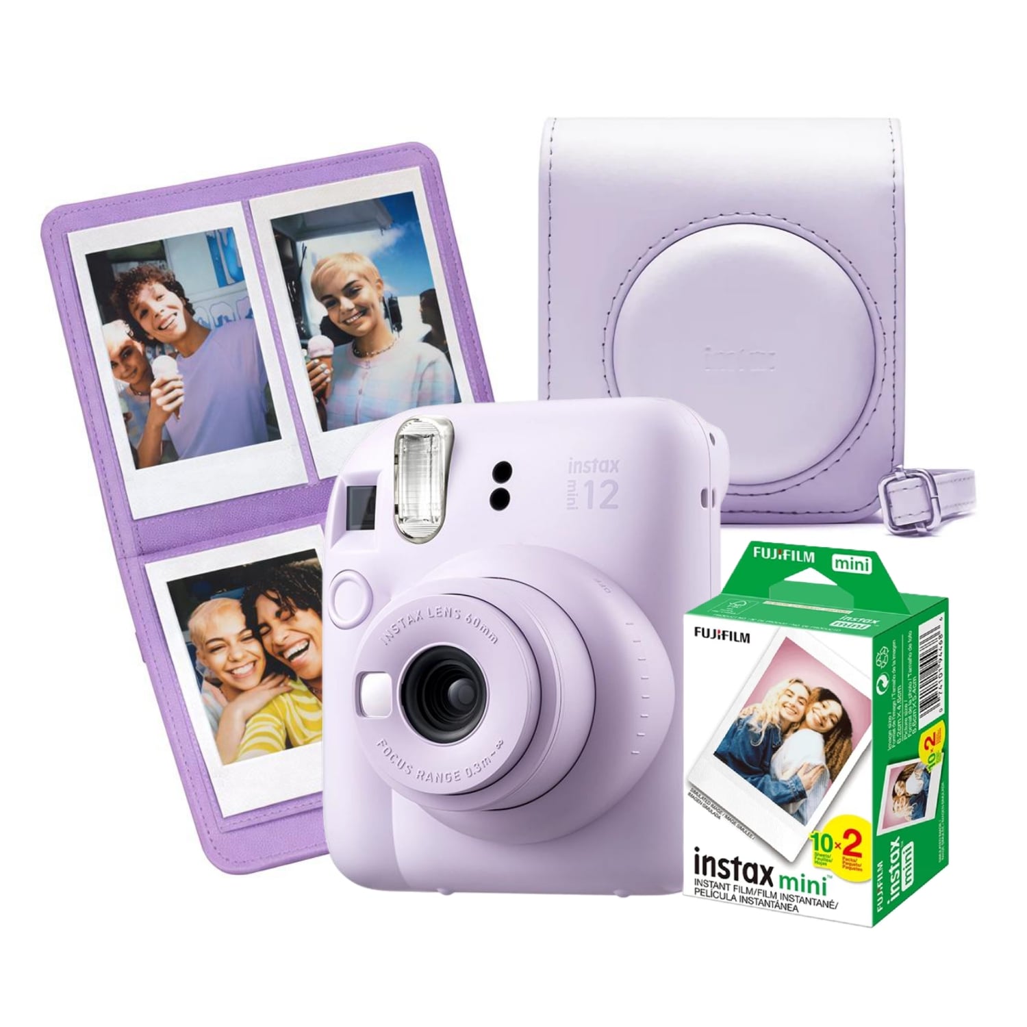 CÁMARA INSTAX FUJIFILM MINI 12 LILA MORADO + PACK PELÍCULA X20 + ESTUCHE + MINI ÁLBUM DE FOTOS - 1