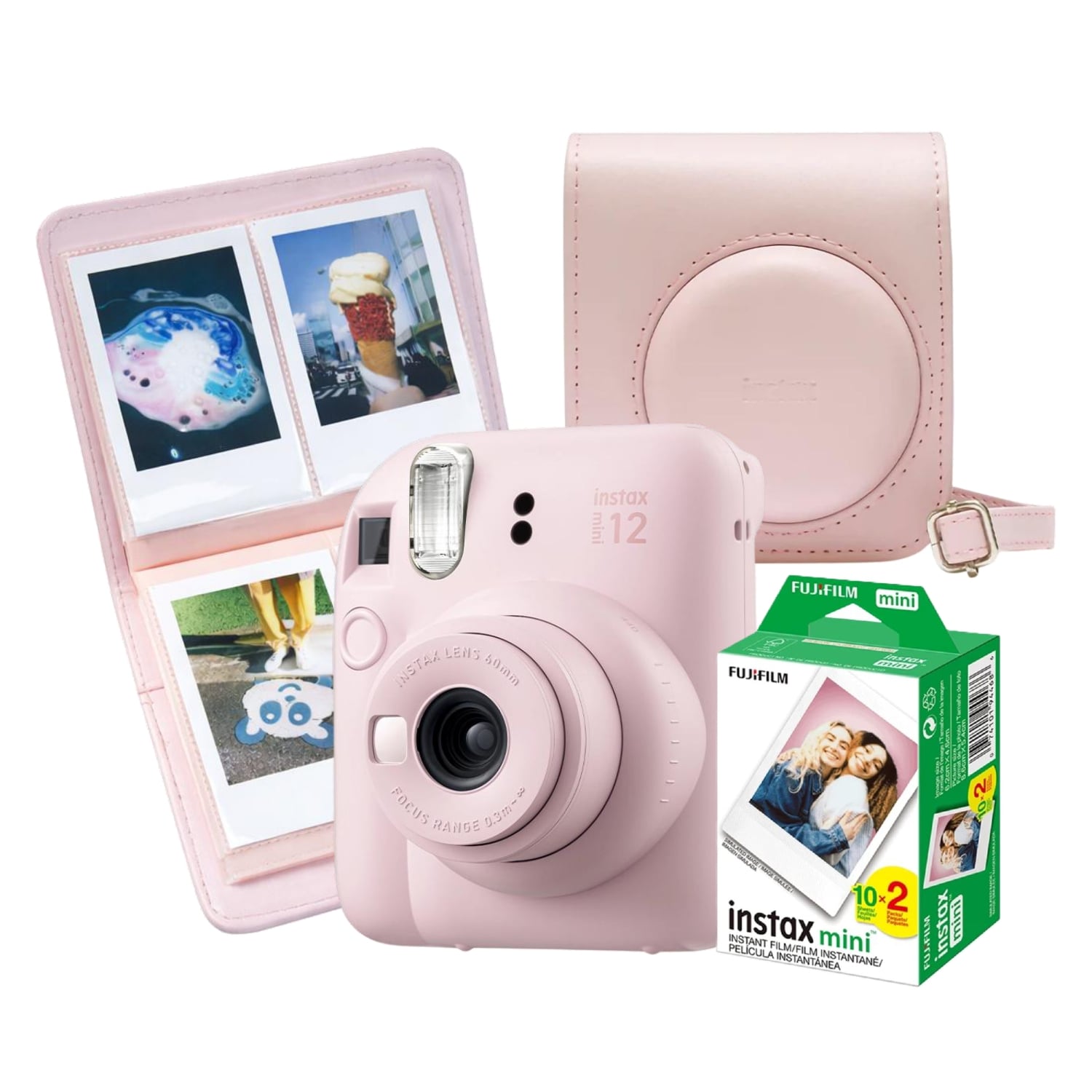 CÁMARA INSTAX FUJIFILM MINI 12 ROSA FLOR + PACK PELÍCULA X20 + ESTUCHE + MINI ÁLBUM DE FOTOS - 1