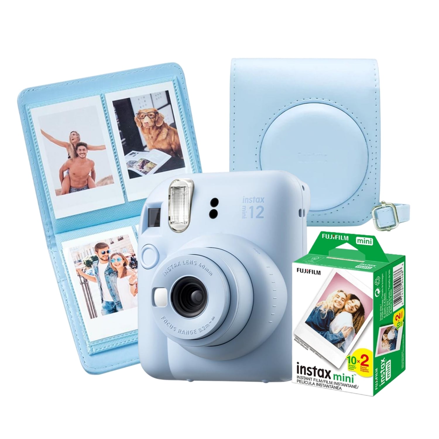 CÁMARA INSTAX FUJIFILM MINI 12 AZUL PASTEL + PACK PELÍCULA X20 + ESTUCHE + MINI ÁLBUM DE FOTOS - 1
