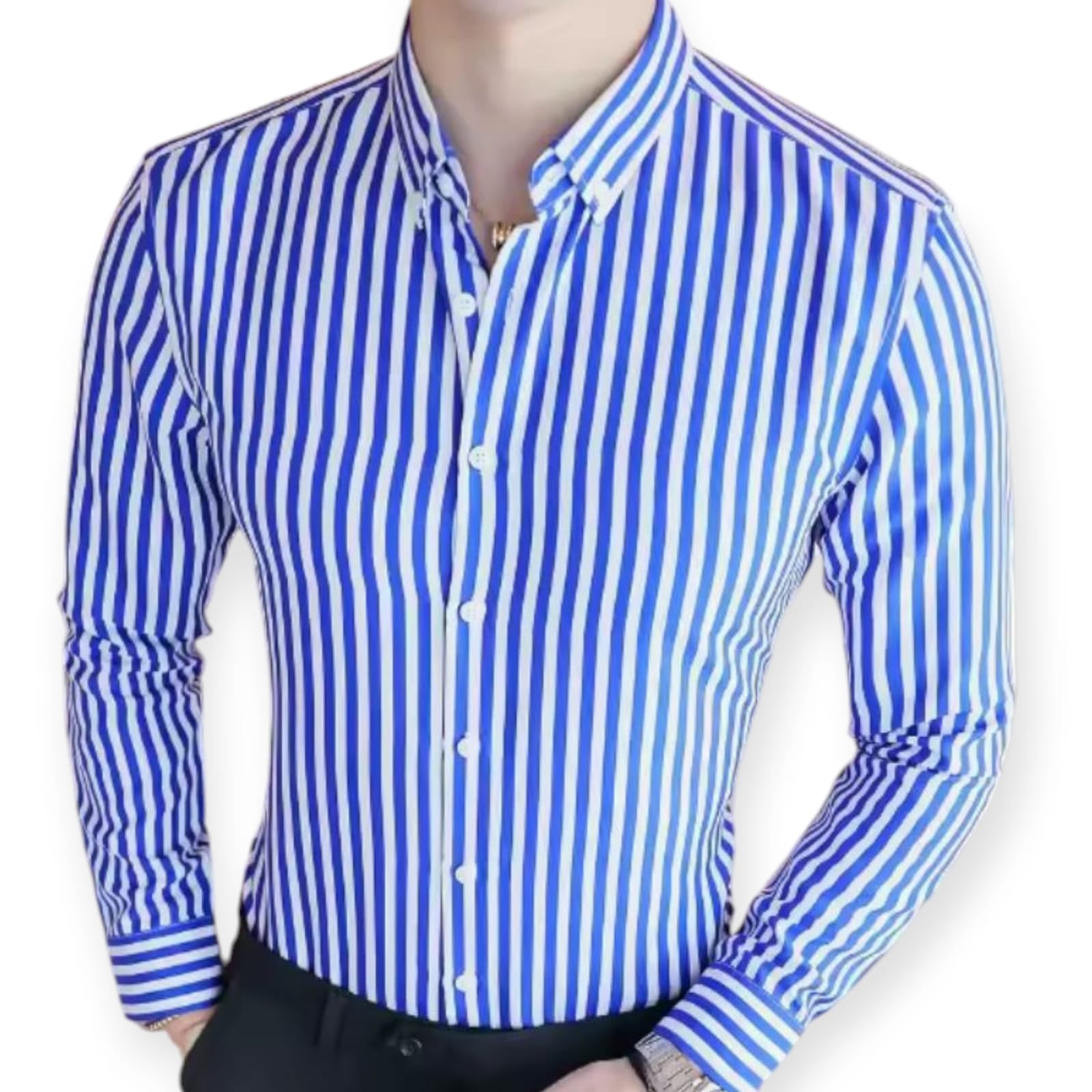 CAMISA A RAYAS MANGA LARGA DE ALGODON ELEGANTE PARA HOMBRE. - 1