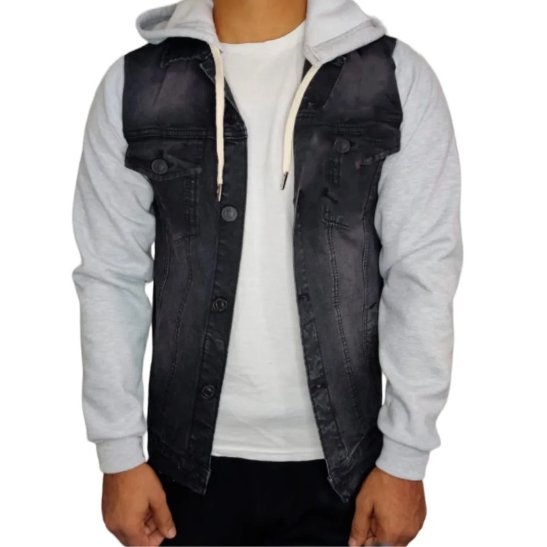 CASACA JEANS HOMBRE CON CAPUCHA DEMIN MANGA DE FRANELA, EXCELENTE CALIDAD - 1