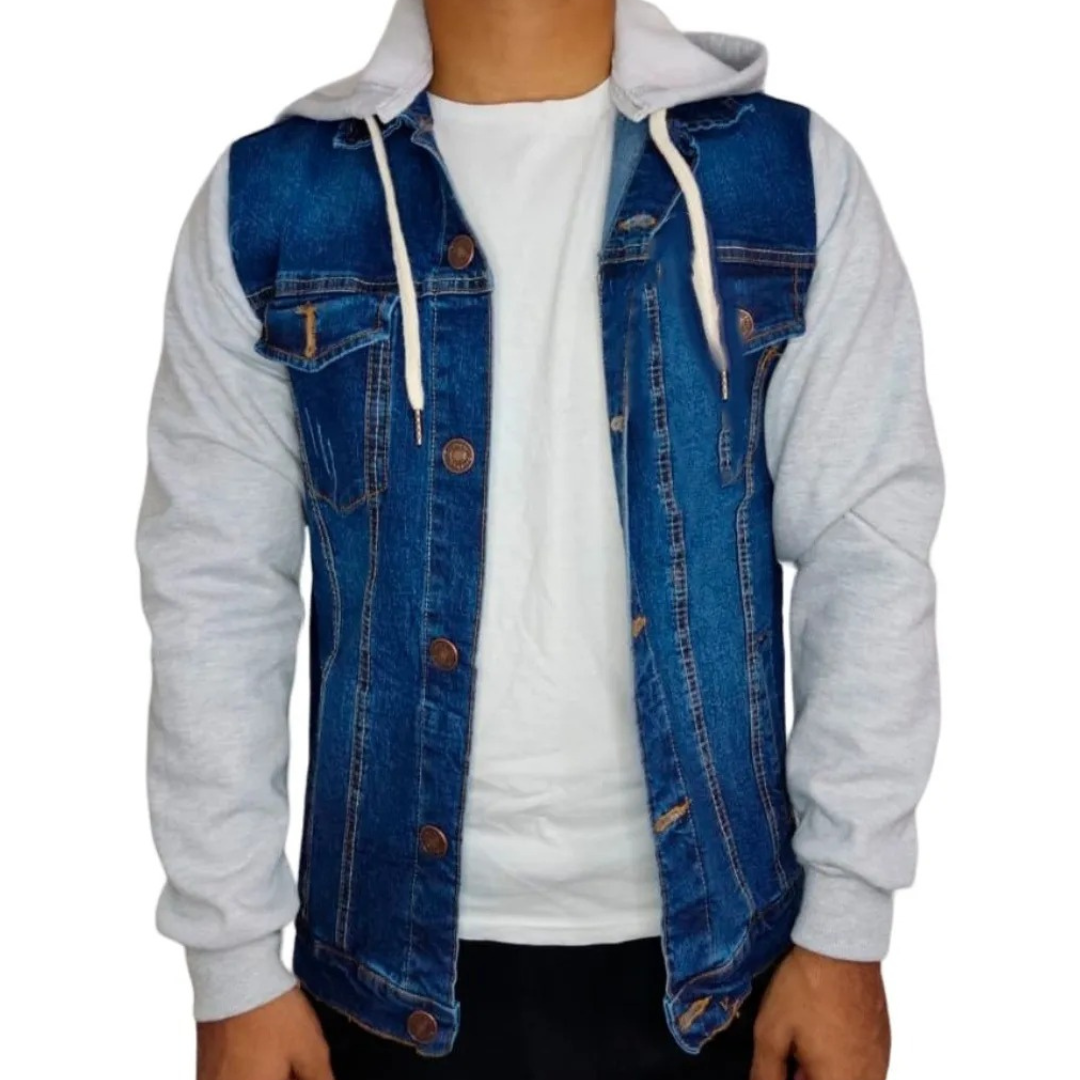 CASACA JEANS HOMBRE CON CAPUCHA DEMIN MANGA DE FRANELA, EXCELENTE CALIDAD - 1