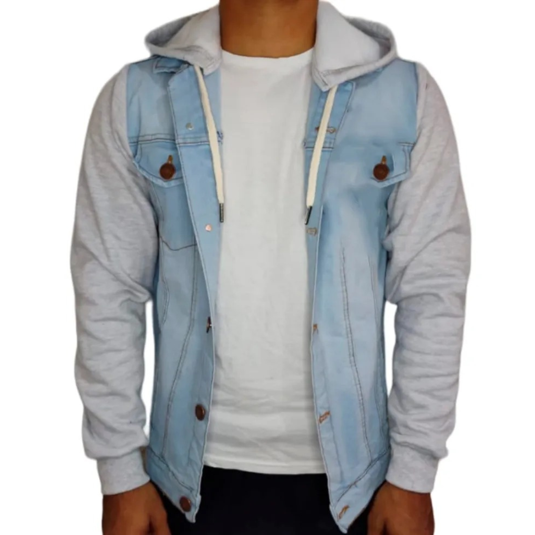 CASACA JEANS HOMBRE CON CAPUCHA DEMIN MANGA DE FRANELA, EXCELENTE CALIDAD - 1