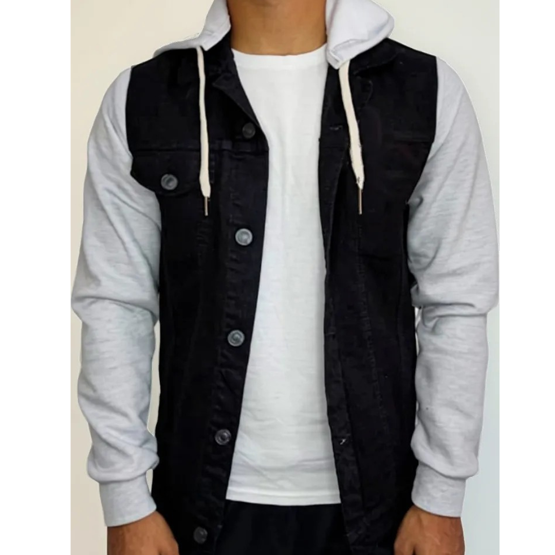 CASACA JEANS HOMBRE CON CAPUCHA DEMIN MANGA DE FRANELA, EXCELENTE CALIDAD - 1