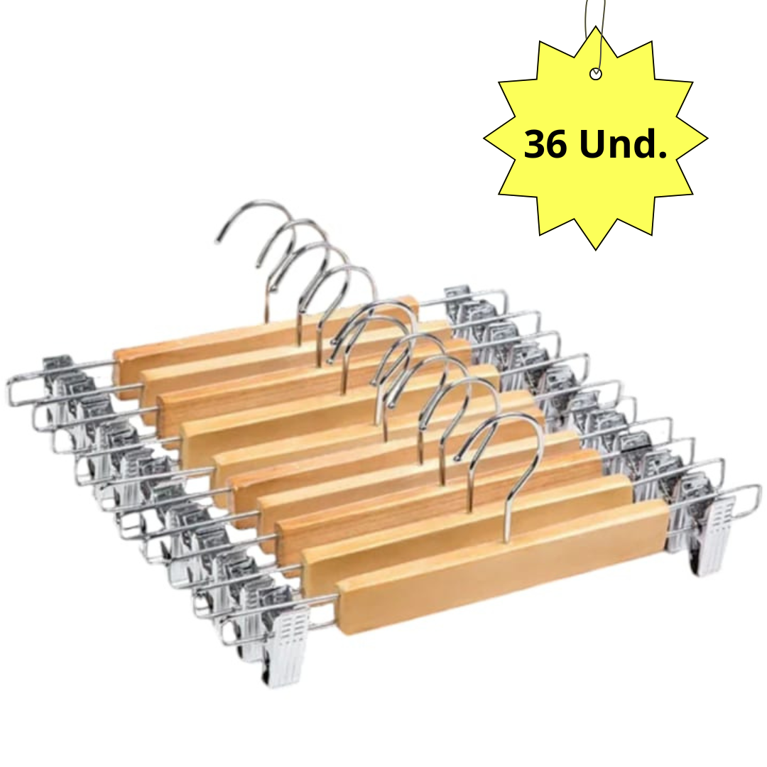 GANCHOS COLGADORES DE ROPA, MADERA MAS PINZAS DE ACERO PERFECTOS PARA PANTALONES. PACK DE 36 UND. - 1