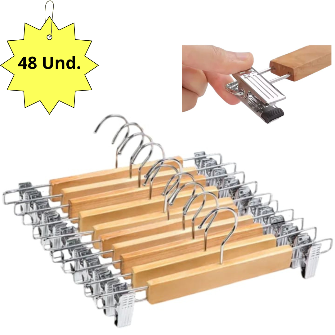 COLGADORES GANCHOS, PERCHAS PARA PANTALONES DE MADERA, EXCELENTE CALIDAD PACK DE 48 UND. - 1
