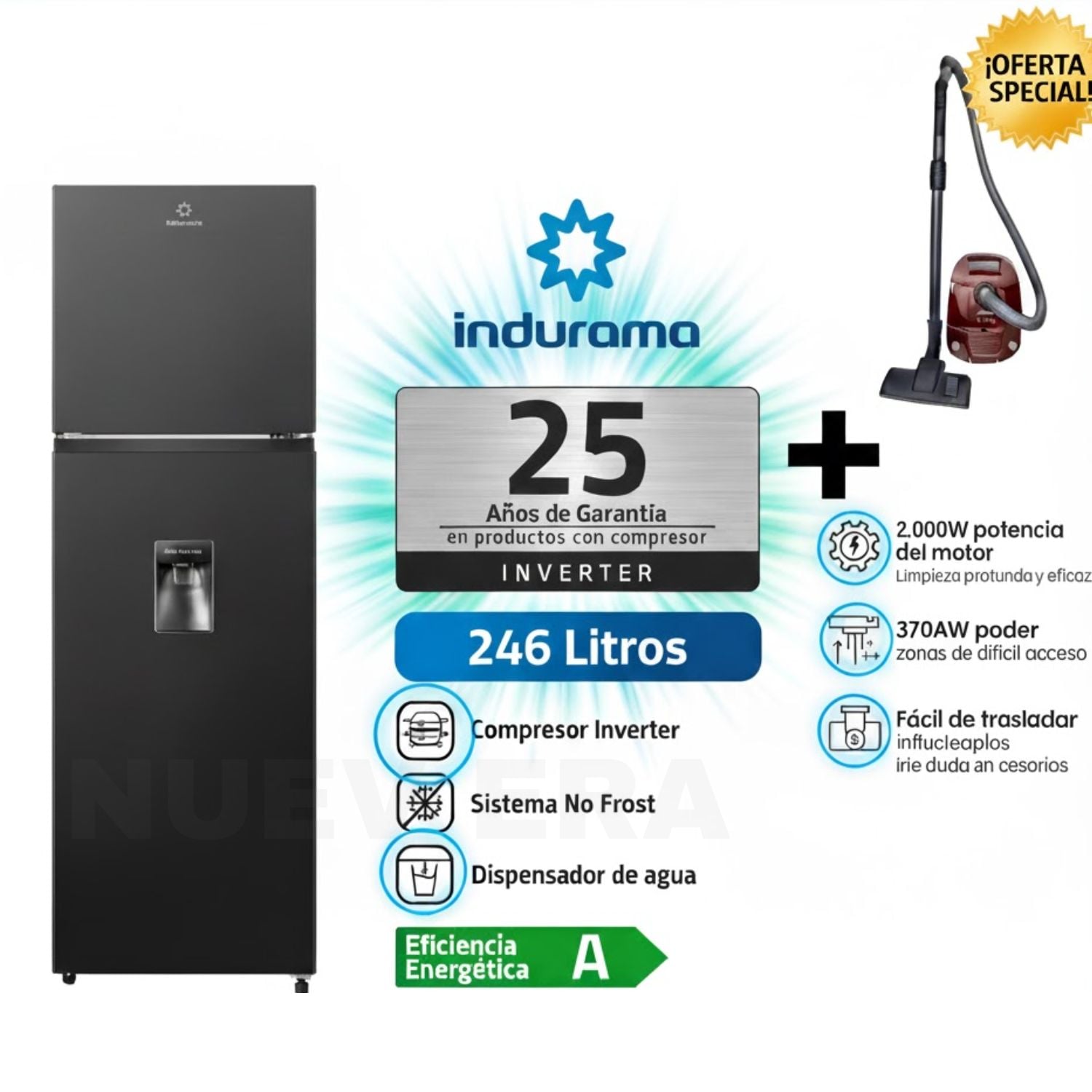 REFRIGERADORA INDURAMA RI-389DNI 246L NEGRO + ASPIRADORA SAMSUNG VCC4190V3K/XZS 2000W - 1