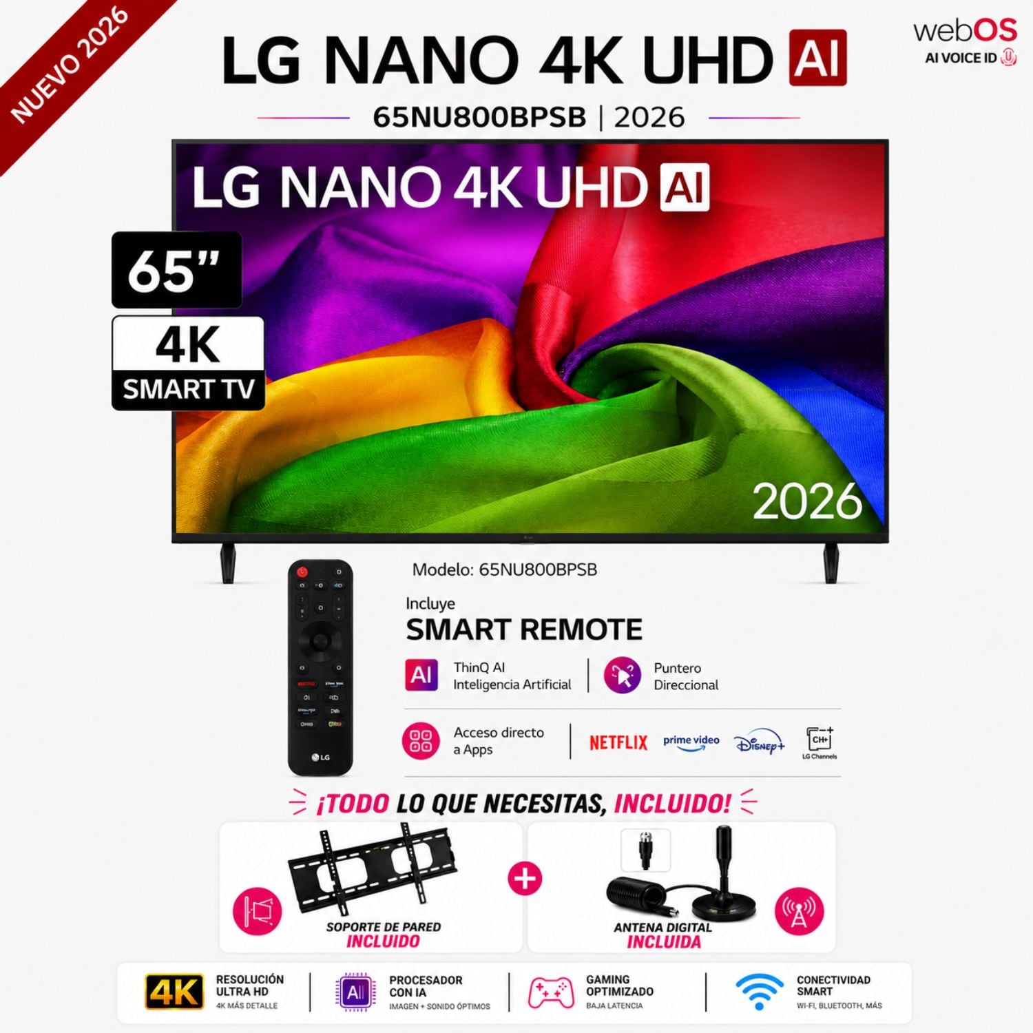 TELEVISOR LG 65' NANO 4K UHD AI SMART TV 2026 65NU800BPSB + RACK + ANTENA DIGITAL - 1