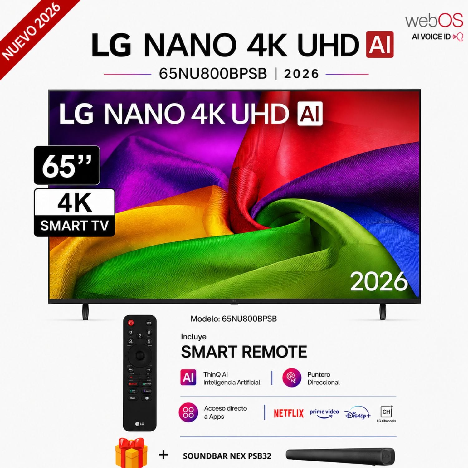 TELEVISOR LG 65' NANO 4K UHD AI SMART TV 2026 65NU800BPSB + SOUNDBAR NEX - 1