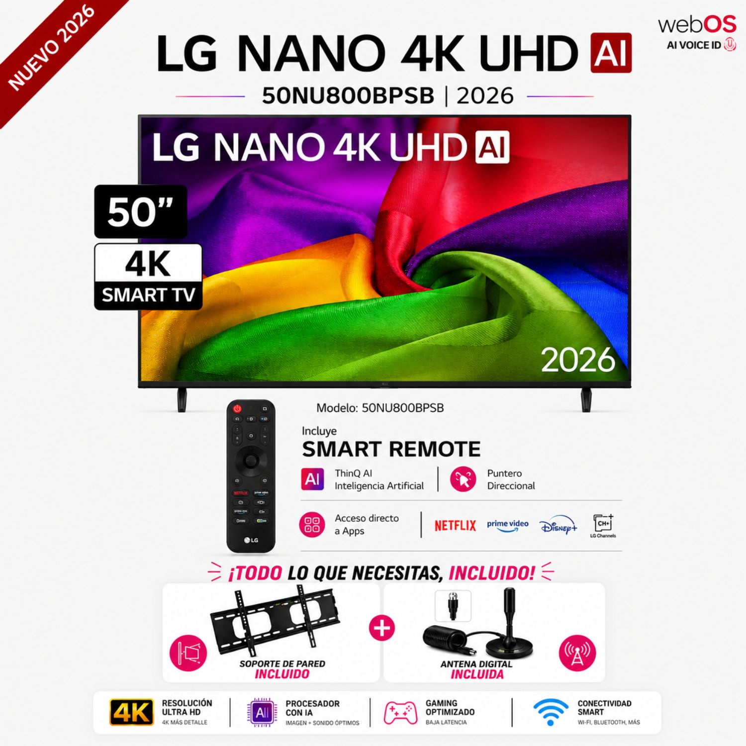 TELEVISOR LG 50 PULGADAS 4K ULTRA HD WEBOS 50NU800BPSC +RACK + ANTENA DIGITAL - 1