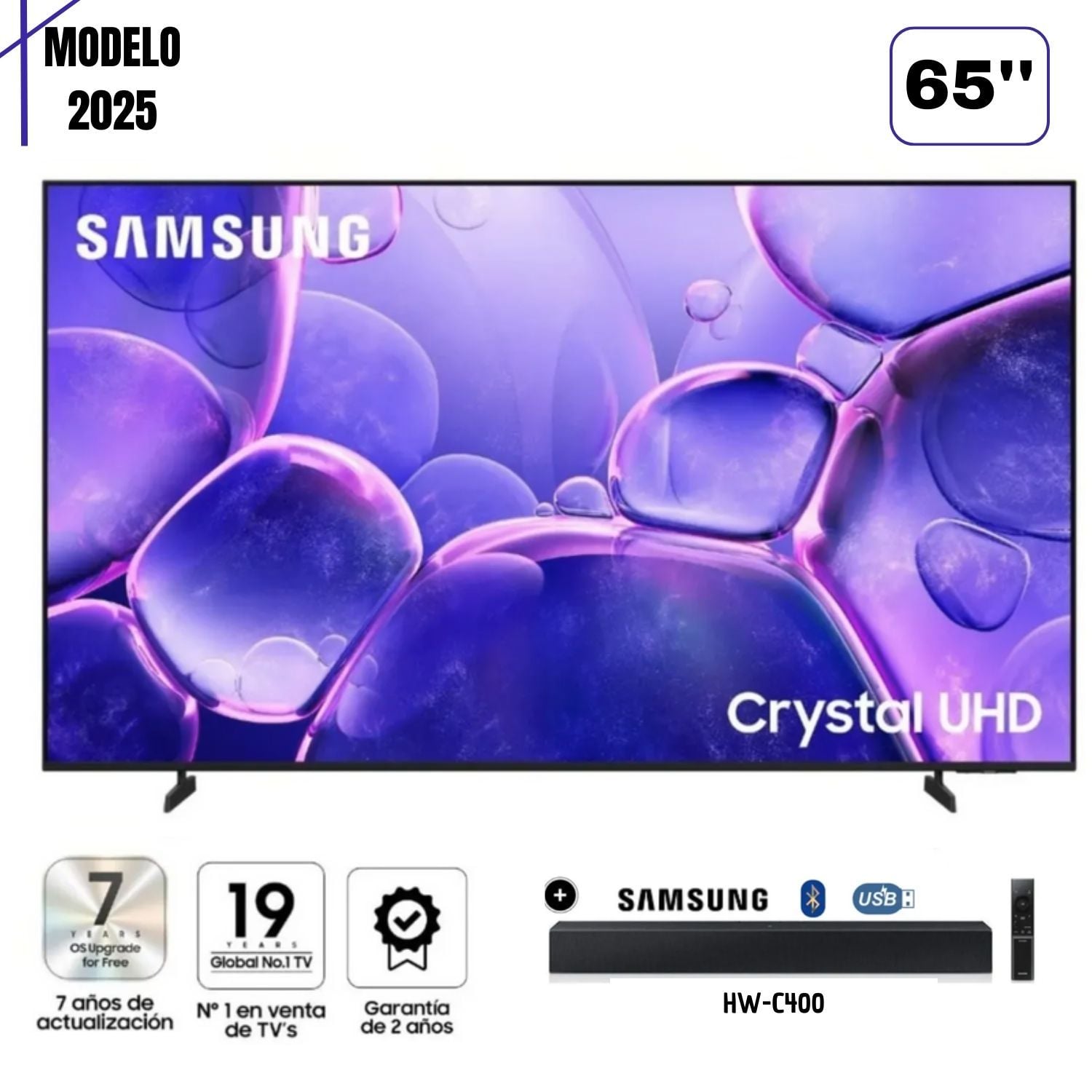 TELEVISOR DE 65 SMART TV SAMSUNG UN65U8000F 4K UHD 2025 + SOUNDBAR SAMSUNG CHW-C400 - 1