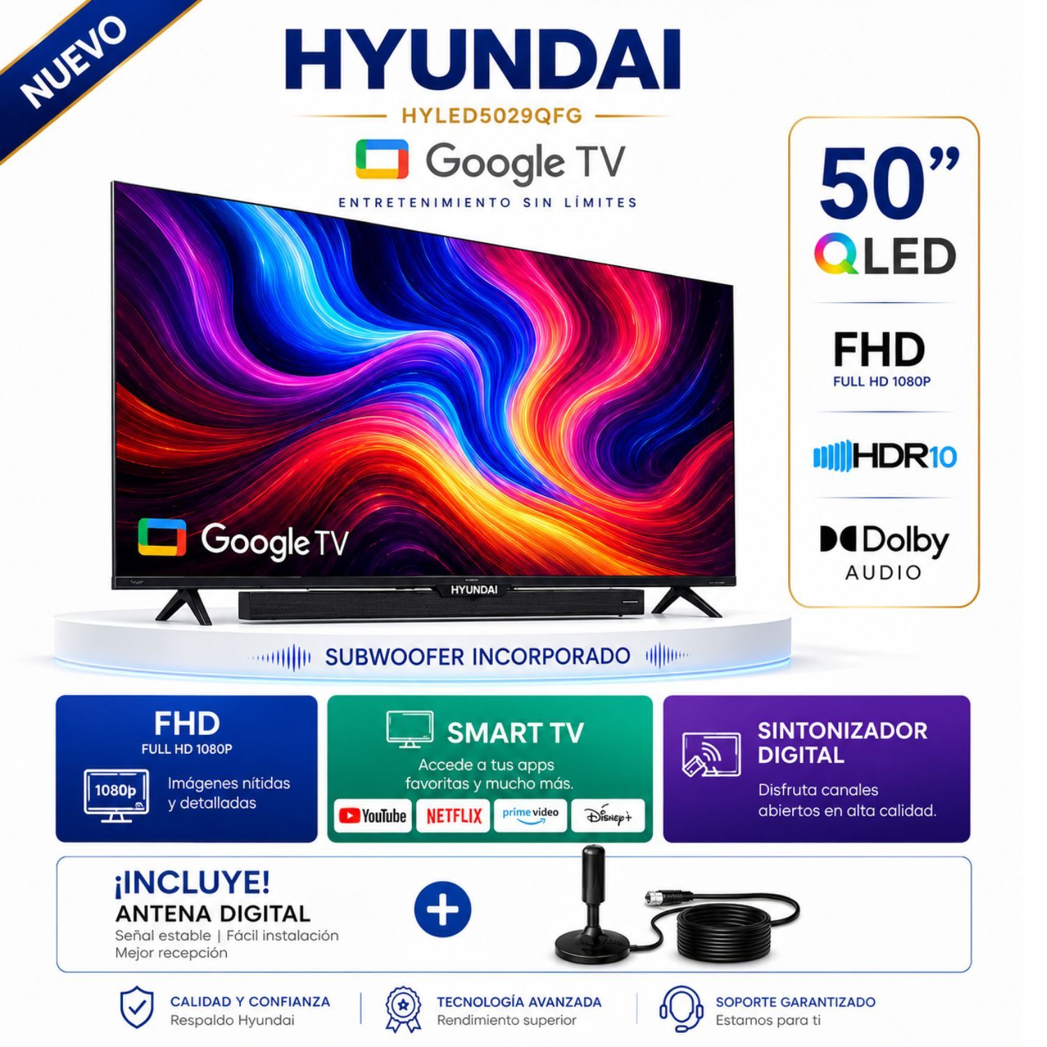 TELEVISOR HYUNDAI QLED 50 HYLED5029QF SMART TV GOOGLE TV FULL HD 2025 + ANTENA DIGITAL - 1