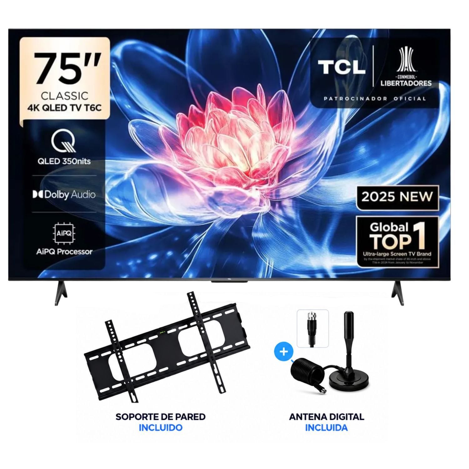 TELEVISOR TCL QLED 75 75T6C UHD 4K SMART TV + RACK + ANTENA DIGITAL - 1