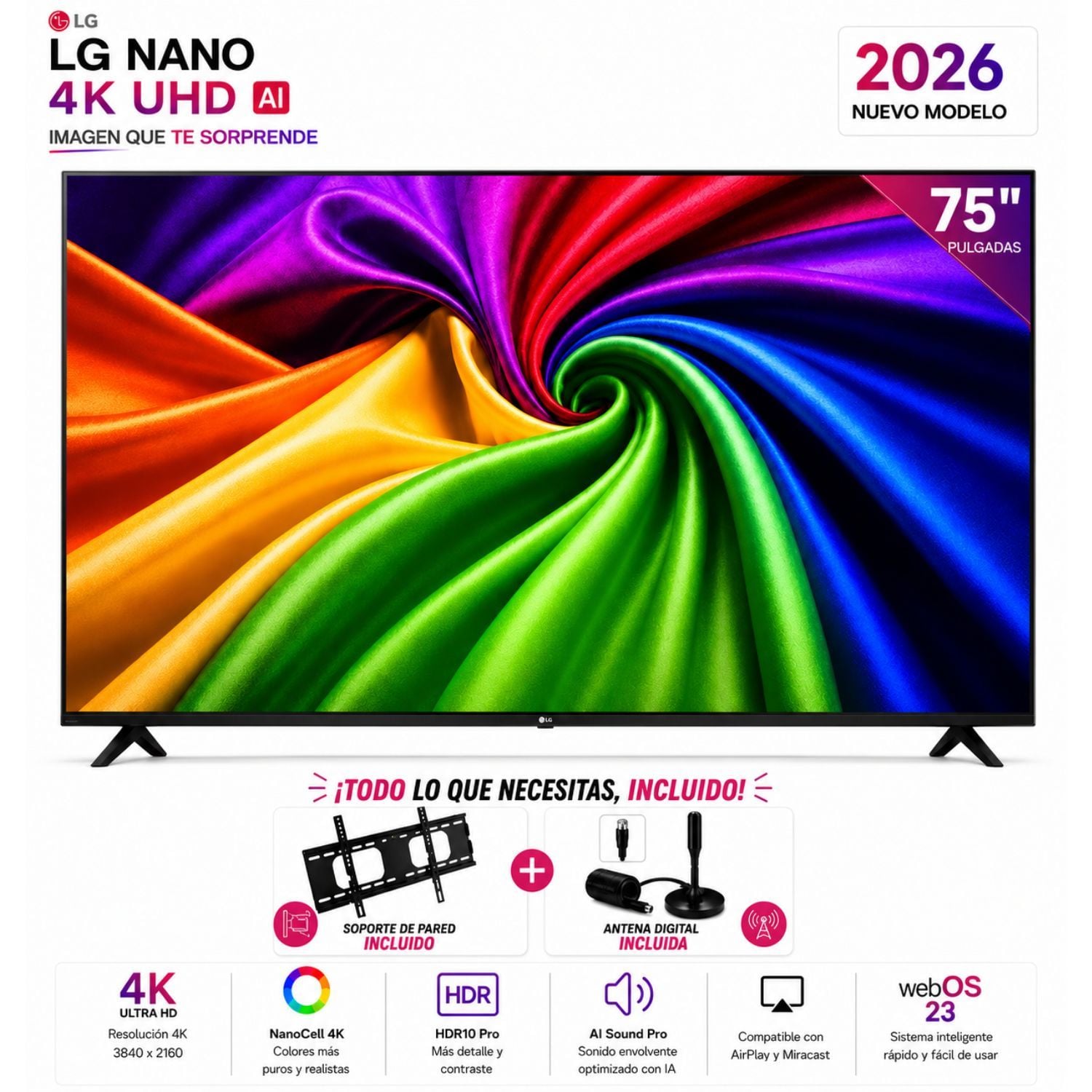 TELEVISOR LG 75 NANO 75NU800BPSB 4K UHD AI SMART TV 2026+ RACK+ANTENA - 1