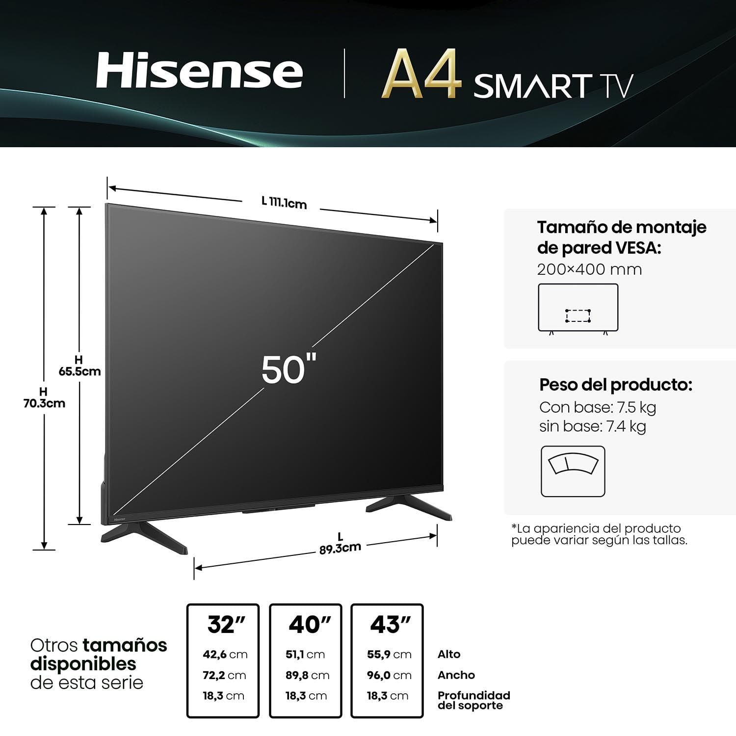 TELEVISOR HISENSE 50 50A4NV SMART TV VIDAA FHD LED 2025 - 2