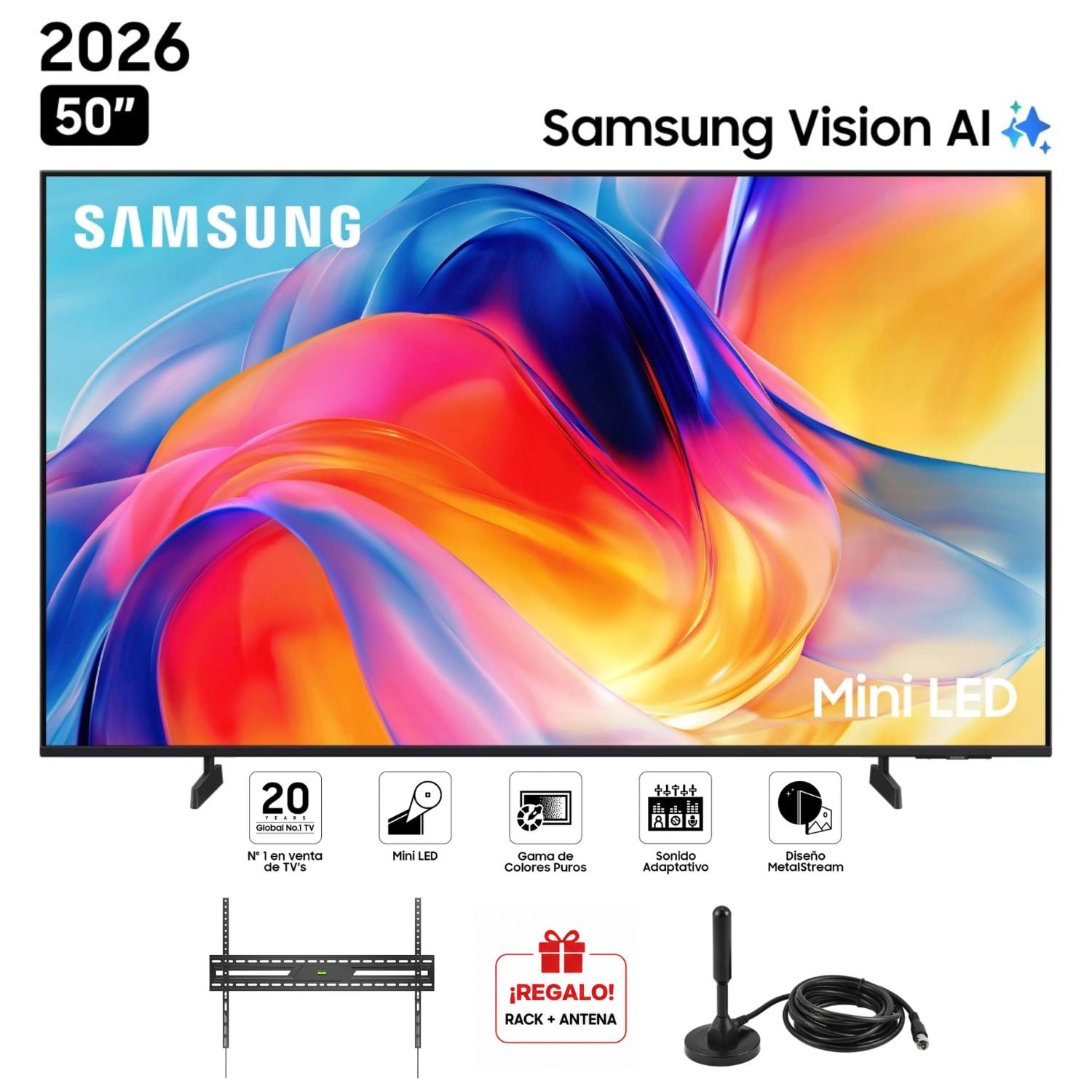 TELEVISOR SAMSUNG 50' MINI LED SMART UHD 4K VISION AI UN50M70HAGXPE 2026 + RACK + ANTENA DIGITAL - 1